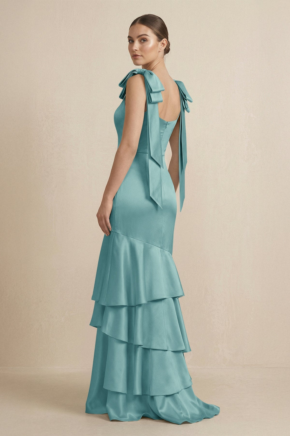 Tiered Maxi Satin Bridesmaid Dress with Bow Straps in Sea Glass - KISS BRIDAL Bridesmaid Dresses