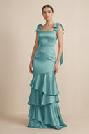 Tiered Maxi Satin Bridesmaid Dress with Bow Straps in Sea Glass - KISS BRIDAL Bridesmaid Dresses