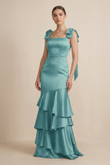 Tiered Maxi Satin Bridesmaid Dress with Bow Straps in Sea Glass - KISS BRIDAL Bridesmaid Dresses