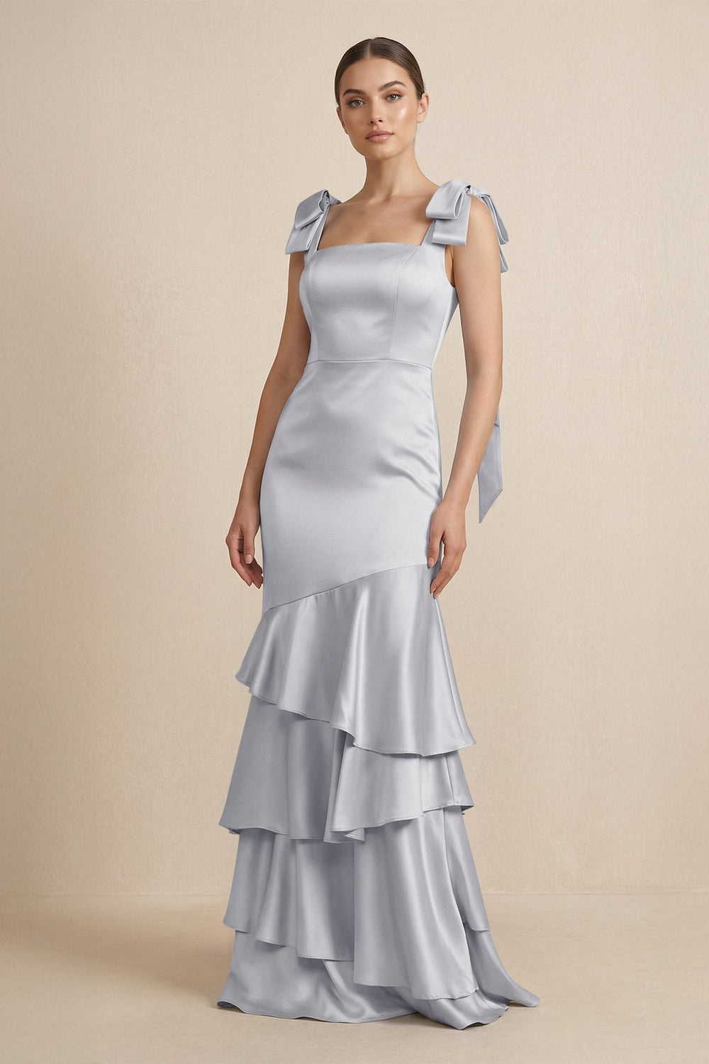 Tiered Maxi Satin Bridesmaid Dress with Bow Straps in Silver - KISS BRIDAL Bridesmaid Dresses