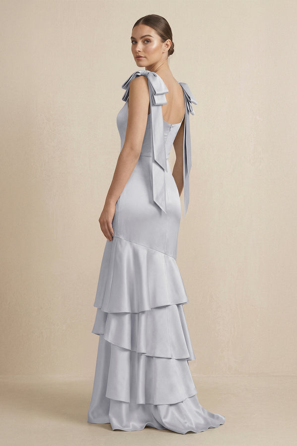 Tiered Maxi Satin Bridesmaid Dress with Bow Straps in Silver - KISS BRIDAL Bridesmaid Dresses