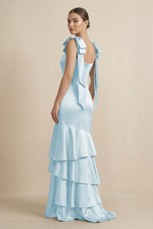 Tiered Maxi Satin Bridesmaid Dress with Bow Straps in Sky Blue - KISS BRIDAL Bridesmaid Dresses