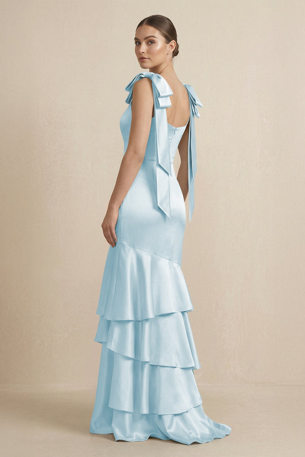 Tiered Maxi Satin Bridesmaid Dress with Bow Straps in Sky Blue - KISS BRIDAL Bridesmaid Dresses