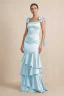 Tiered Maxi Satin Bridesmaid Dress with Bow Straps in Sky Blue - KISS BRIDAL Bridesmaid Dresses