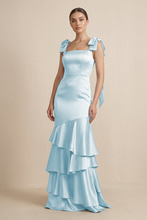 Tiered Maxi Satin Bridesmaid Dress with Bow Straps in Sky Blue - KISS BRIDAL Bridesmaid Dresses