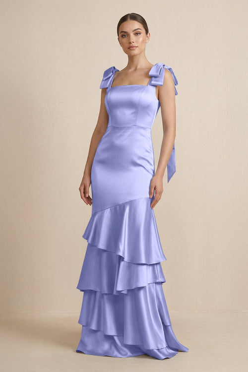 Tiered Maxi Satin Bridesmaid Dress with Bow Straps in Steel Blue - KISS BRIDAL Bridesmaid Dresses