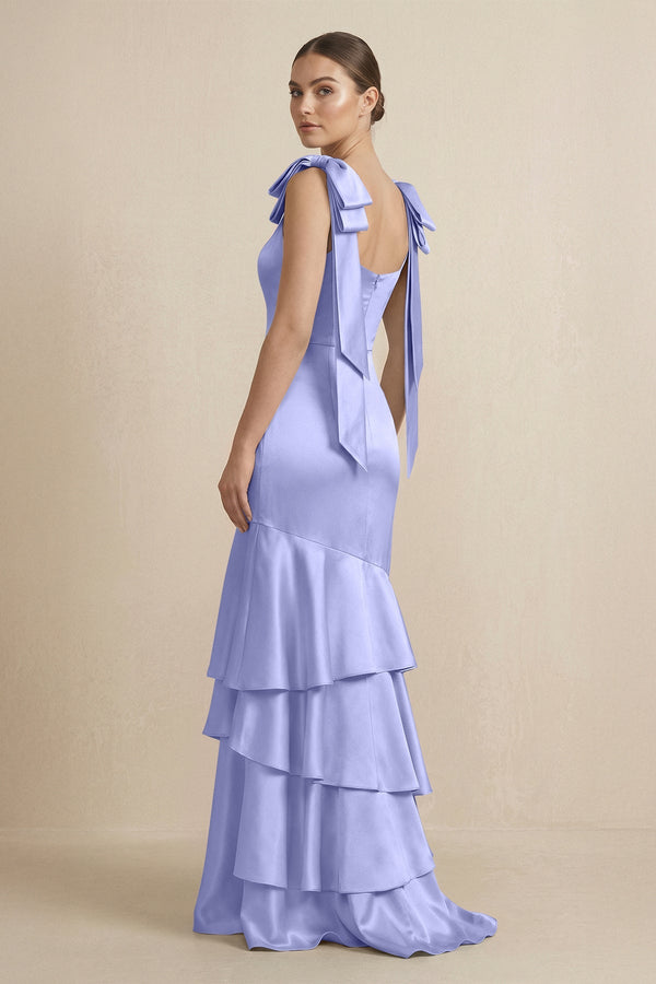 Tiered Maxi Satin Bridesmaid Dress with Bow Straps in Steel Blue - KISS BRIDAL Bridesmaid Dresses