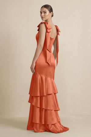 Tiered Maxi Satin Bridesmaid Dress with Bow Straps in Terracotta - KISS BRIDAL Bridesmaid Dresses