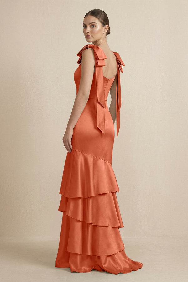 Tiered Maxi Satin Bridesmaid Dress with Bow Straps in Terracotta - KISS BRIDAL Bridesmaid Dresses