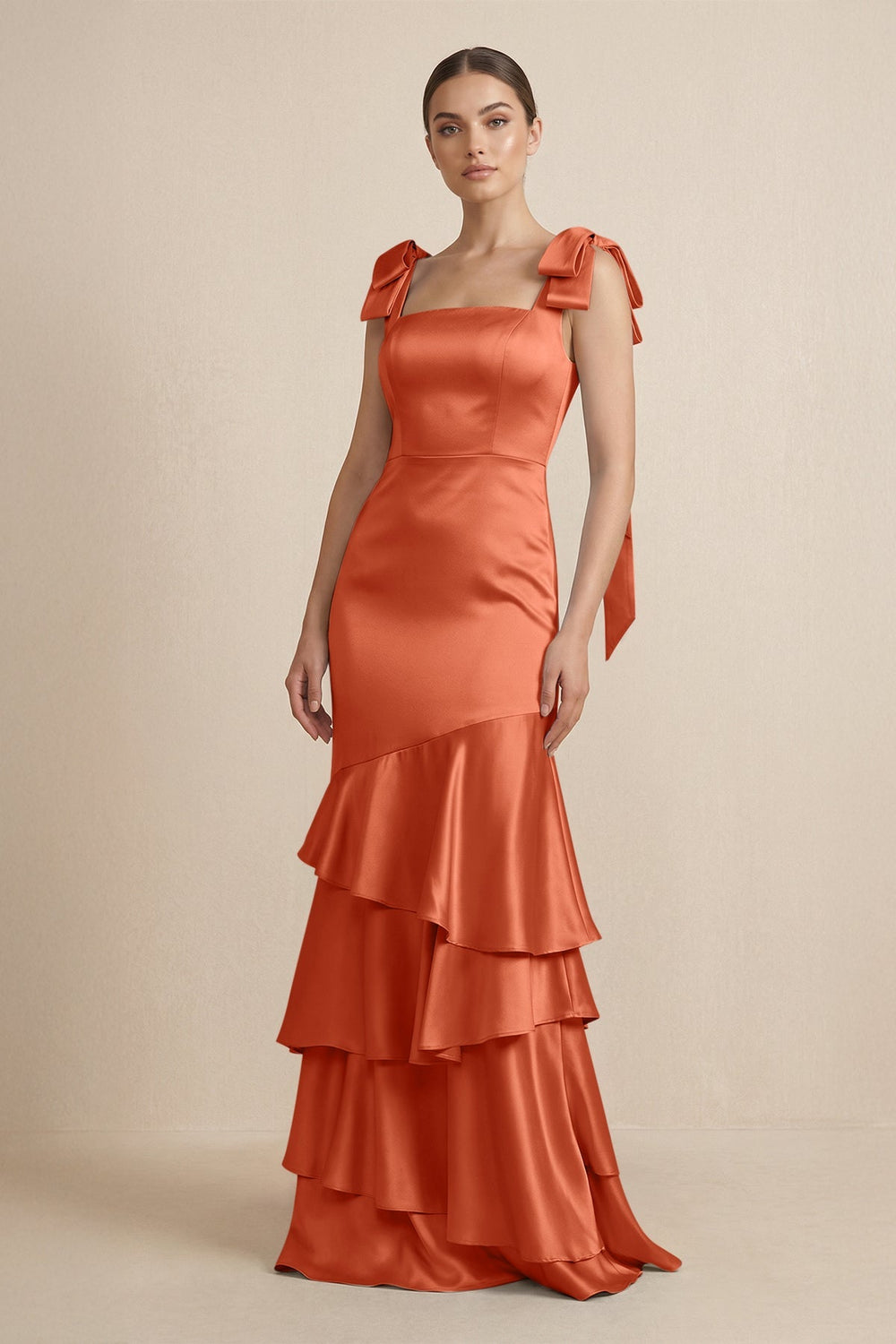 Tiered Maxi Satin Bridesmaid Dress with Bow Straps in Terracotta - KISS BRIDAL Bridesmaid Dresses