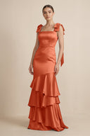 Tiered Maxi Satin Bridesmaid Dress with Bow Straps in Terracotta - KISS BRIDAL Bridesmaid Dresses