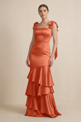 Tiered Maxi Satin Bridesmaid Dress with Bow Straps in Terracotta - KISS BRIDAL Bridesmaid Dresses