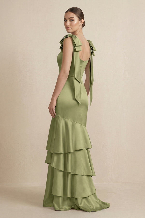 Tiered Maxi Satin Bridesmaid Dress with Bow Straps in Thyme - KISS BRIDAL Bridesmaid Dresses