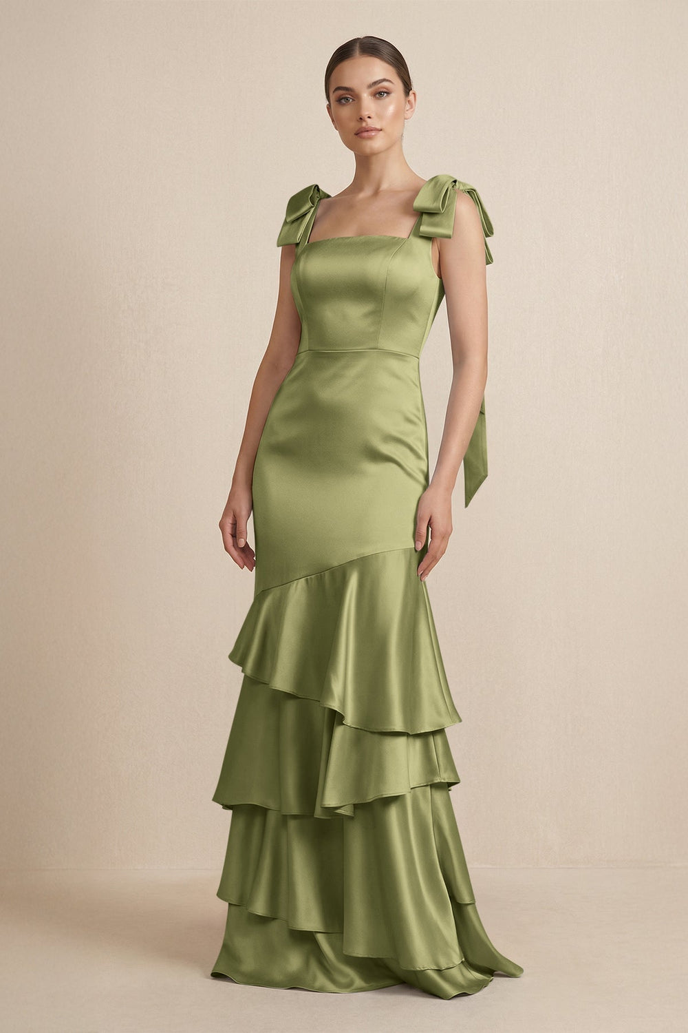 Tiered Maxi Satin Bridesmaid Dress with Bow Straps in Thyme - KISS BRIDAL Bridesmaid Dresses
