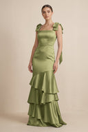 Tiered Maxi Satin Bridesmaid Dress with Bow Straps in Thyme - KISS BRIDAL Bridesmaid Dresses