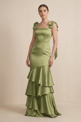 Tiered Maxi Satin Bridesmaid Dress with Bow Straps in Thyme - KISS BRIDAL Bridesmaid Dresses