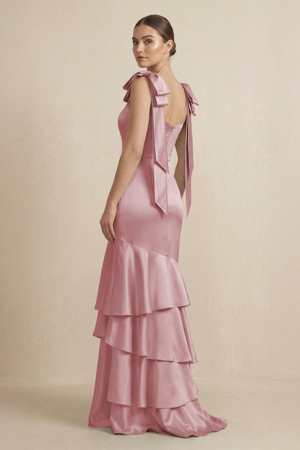 Tiered Maxi Satin Bridesmaid Dress with Bow Straps in Toffee - KISS BRIDAL Bridesmaid Dresses