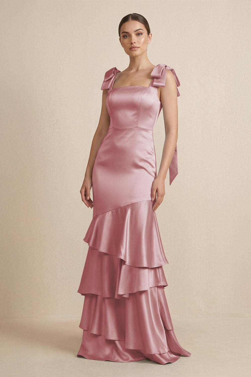 Tiered Maxi Satin Bridesmaid Dress with Bow Straps in Toffee - KISS BRIDAL Bridesmaid Dresses