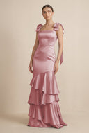 Tiered Maxi Satin Bridesmaid Dress with Bow Straps in Toffee - KISS BRIDAL Bridesmaid Dresses