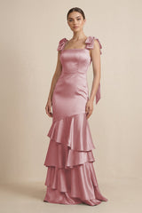 Tiered Maxi Satin Bridesmaid Dress with Bow Straps in Toffee - KISS BRIDAL Bridesmaid Dresses