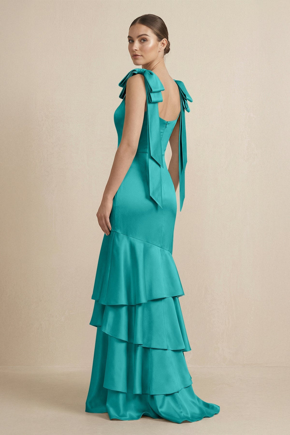 Tiered Maxi Satin Bridesmaid Dress with Bow Straps in Turquoise - KISS BRIDAL Bridesmaid Dresses