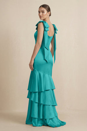 Tiered Maxi Satin Bridesmaid Dress with Bow Straps in Turquoise - KISS BRIDAL Bridesmaid Dresses