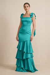 Tiered Maxi Satin Bridesmaid Dress with Bow Straps in Turquoise - KISS BRIDAL Bridesmaid Dresses