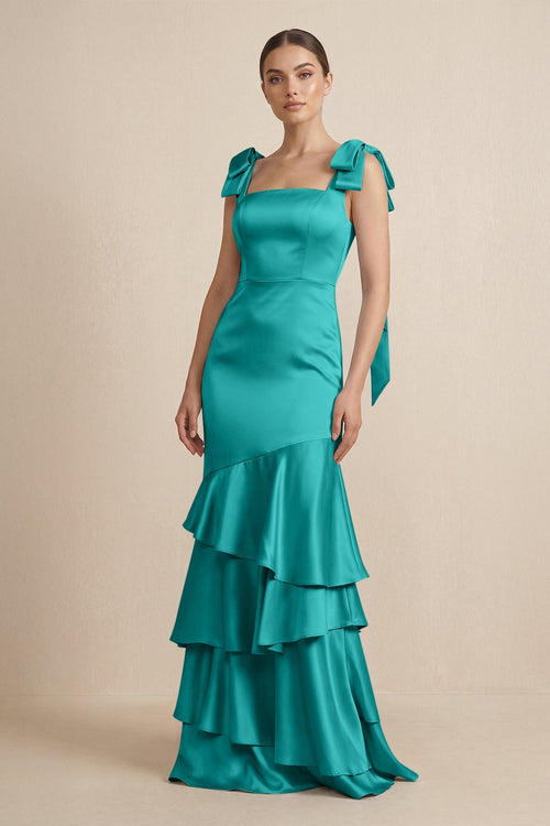 Tiered Maxi Satin Bridesmaid Dress with Bow Straps in Turquoise - KISS BRIDAL Bridesmaid Dresses