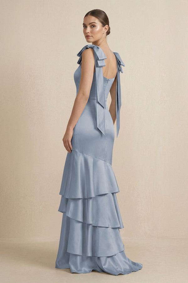 Tiered Maxi Satin Bridesmaid Dress with Bow Straps in Twilight - KISS BRIDAL Bridesmaid Dresses