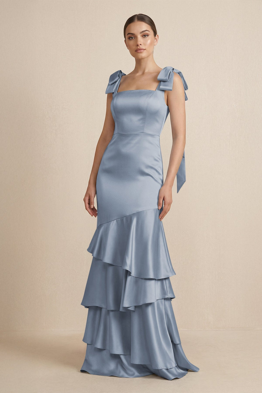 Tiered Maxi Satin Bridesmaid Dress with Bow Straps in Twilight - KISS BRIDAL Bridesmaid Dresses