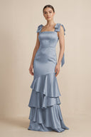 Tiered Maxi Satin Bridesmaid Dress with Bow Straps in Twilight - KISS BRIDAL Bridesmaid Dresses