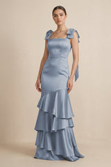 Tiered Maxi Satin Bridesmaid Dress with Bow Straps in Twilight - KISS BRIDAL Bridesmaid Dresses