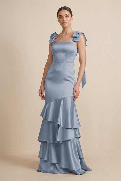 Tiered Maxi Satin Bridesmaid Dress with Bow Straps in Twilight - KISS BRIDAL Bridesmaid Dresses