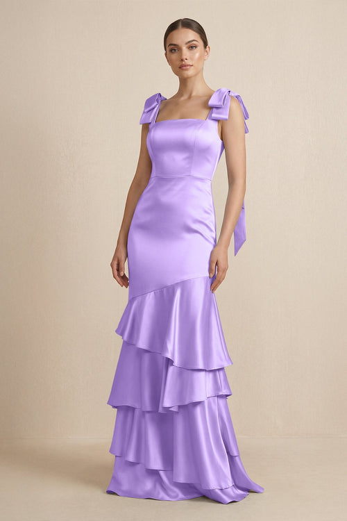 Tiered Maxi Satin Bridesmaid Dress with Bow Straps in Vintage Mauve - KISS BRIDAL Bridesmaid Dresses