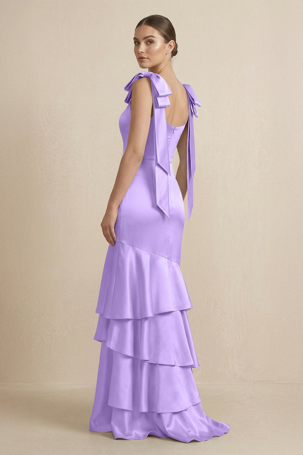 Tiered Maxi Satin Bridesmaid Dress with Bow Straps in Vintage Mauve - KISS BRIDAL Bridesmaid Dresses