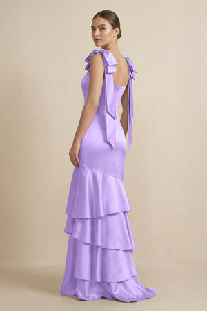Tiered Maxi Satin Bridesmaid Dress with Bow Straps in Vintage Mauve - KISS BRIDAL Bridesmaid Dresses