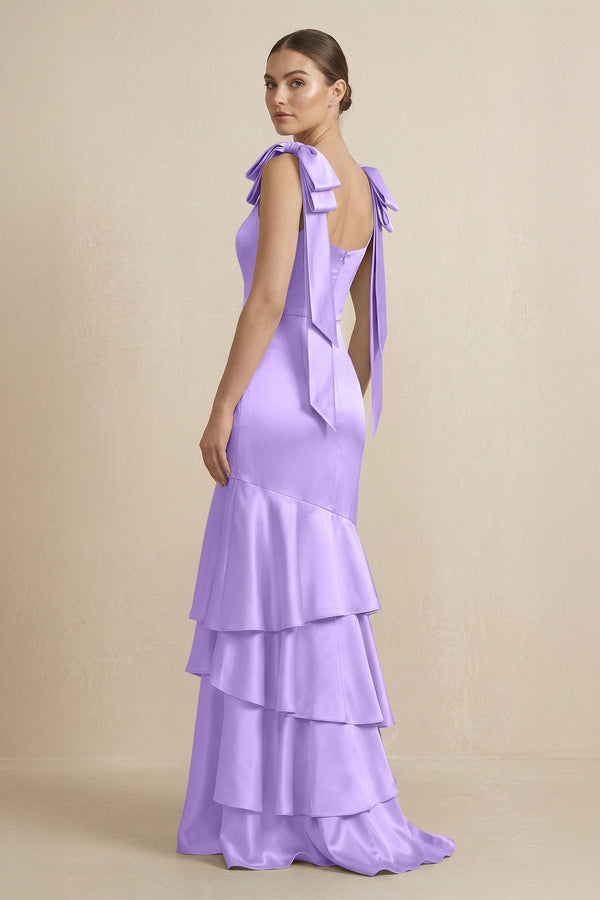 Tiered Maxi Satin Bridesmaid Dress with Bow Straps in Vintage Mauve - KISS BRIDAL Bridesmaid Dresses