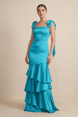 Tiered Maxi Satin Bridesmaid Dress with Bow Straps in Viridian Green - KISS BRIDAL Bridesmaid Dresses