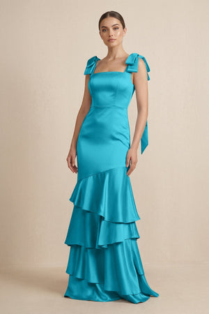 Tiered Maxi Satin Bridesmaid Dress with Bow Straps in Viridian Green - KISS BRIDAL Bridesmaid Dresses