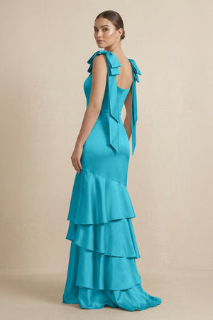 Tiered Maxi Satin Bridesmaid Dress with Bow Straps in Viridian Green - KISS BRIDAL Bridesmaid Dresses