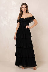 Tiered Pleated Off-the-Shoulder Chiffon Maxi Dress in Black – KISS BRIDAL Dresses