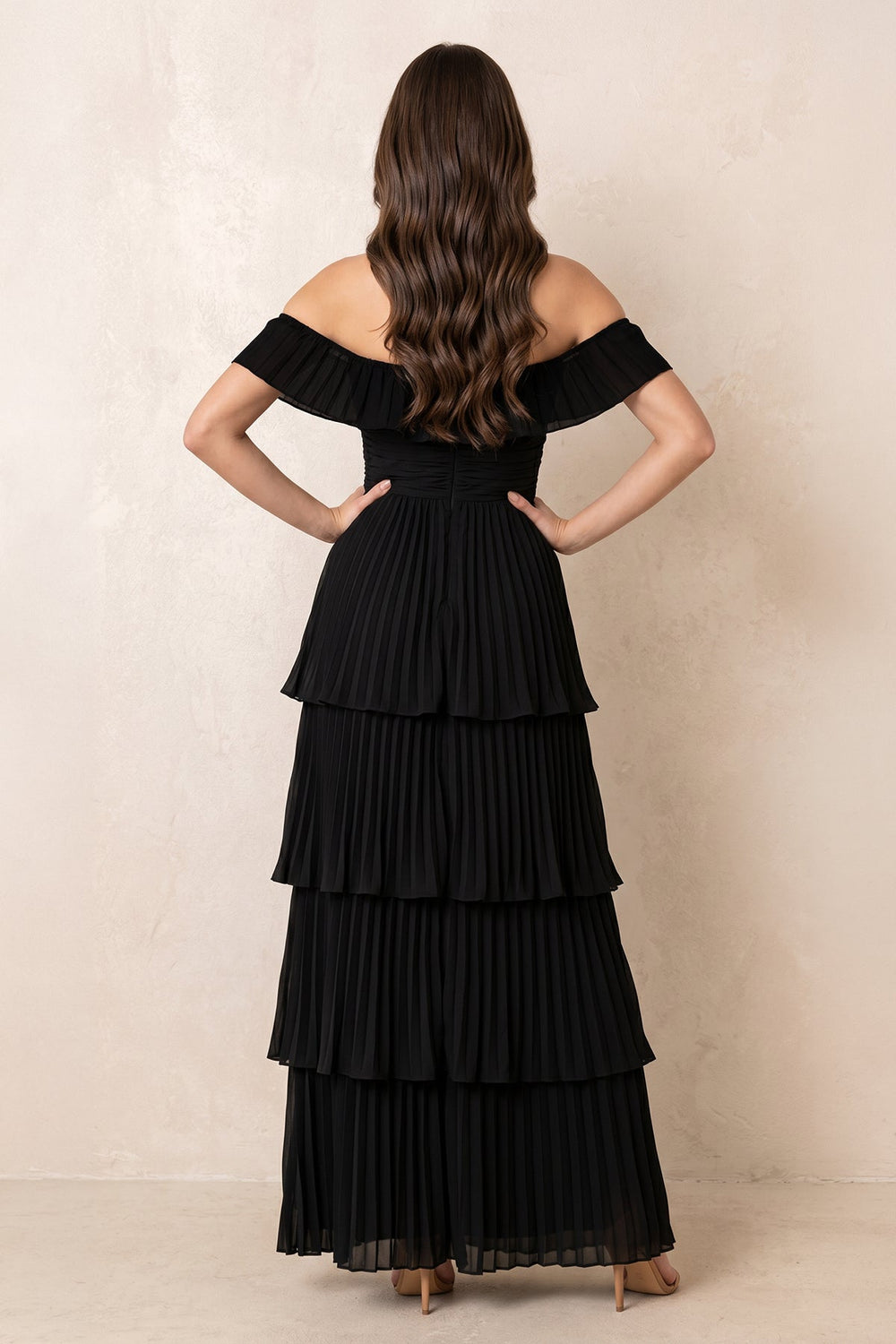 Tiered Pleated Off-the-Shoulder Chiffon Maxi Dress in Black – KISS BRIDAL Dresses