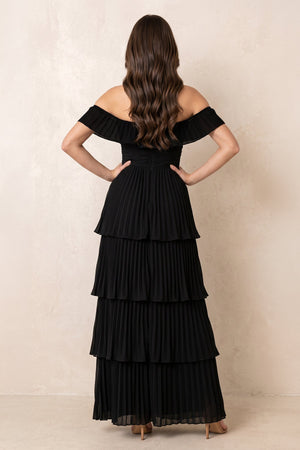 Tiered Pleated Off-the-Shoulder Chiffon Maxi Dress in Black – SHE IS ME Dresses