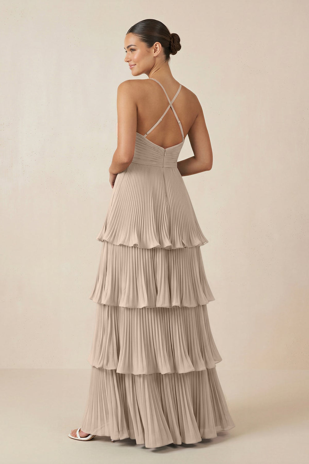 Tiered Pleated V - Neck A - Line Chiffon Bridesmaid Dress in Almond - KISS BRIDAL Bridesmaid Dresses