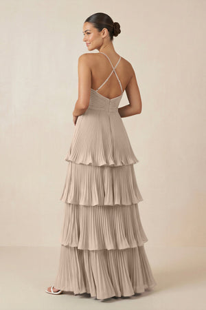 Tiered Pleated V - Neck A - Line Chiffon Bridesmaid Dress in Almond - KISS BRIDAL Bridesmaid Dresses