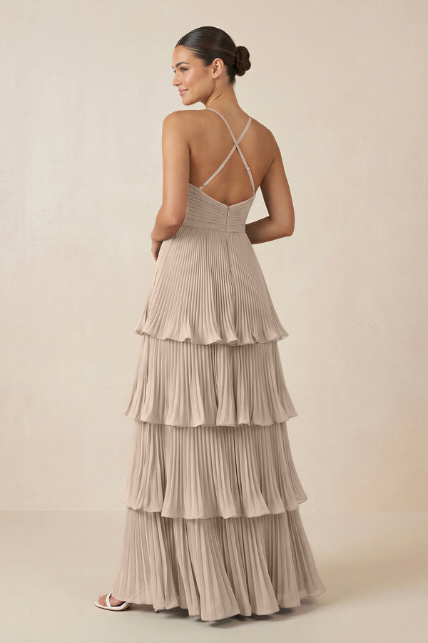 Tiered Pleated V - Neck A - Line Chiffon Bridesmaid Dress in Almond - KISS BRIDAL Bridesmaid Dresses