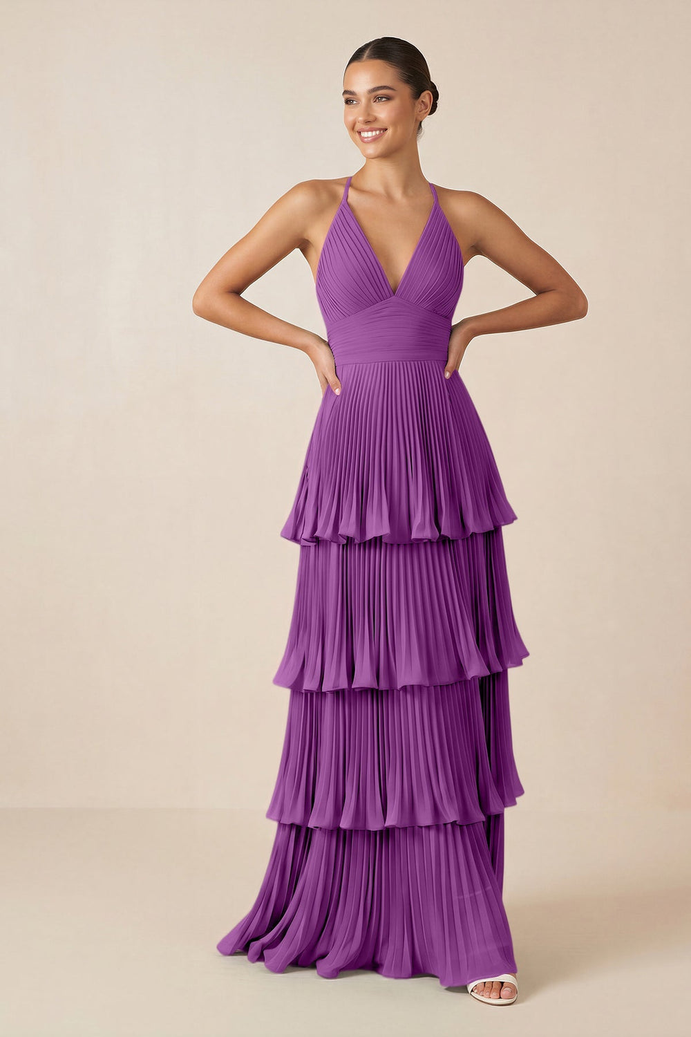 Tiered Pleated V - Neck A - Line Chiffon Bridesmaid Dress in Amethyst - KISS BRIDAL Bridesmaid Dresses