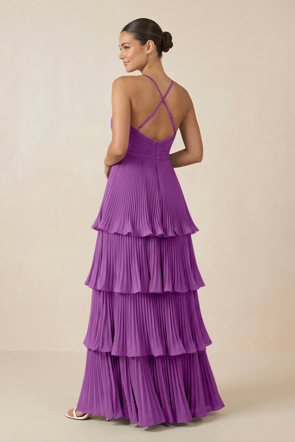 Tiered Pleated V - Neck A - Line Chiffon Bridesmaid Dress in Amethyst - KISS BRIDAL Bridesmaid Dresses