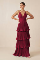 Tiered Pleated V - Neck A - Line Chiffon Bridesmaid Dress in Berry - KISS BRIDAL Bridesmaid Dresses