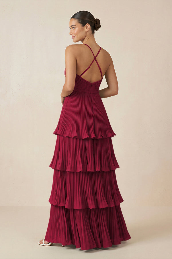 Tiered Pleated V - Neck A - Line Chiffon Bridesmaid Dress in Berry - KISS BRIDAL Bridesmaid Dresses